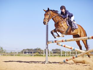 Young woman on horse crossing obstacle on course